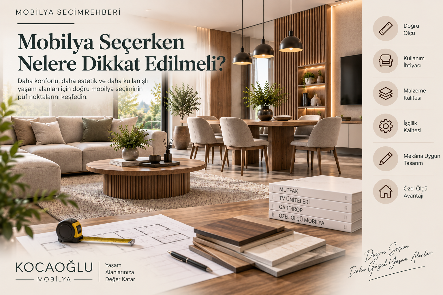 Mobilya seçerken doğru ölçü, malzeme ve tasarım seçimini anlatan modern yaşam alanı – Kocaoğlu Mobilya
